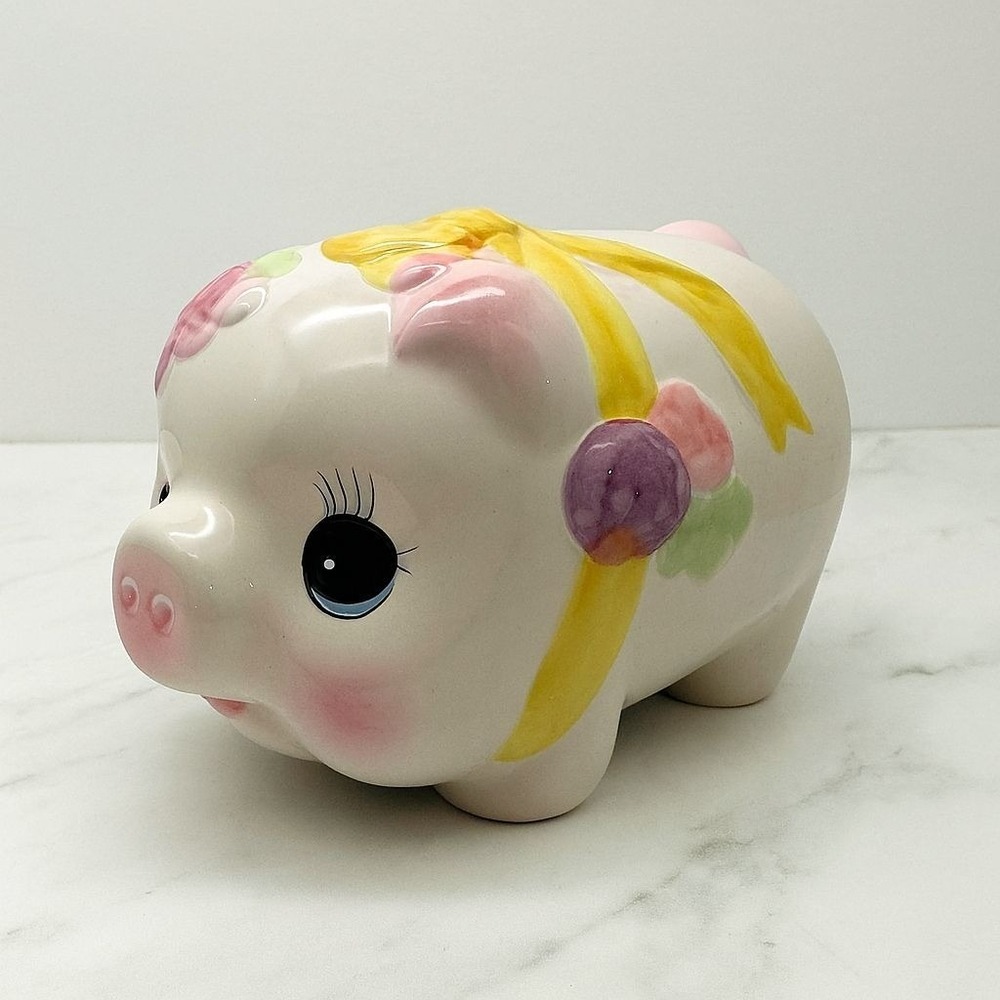 Vtg Ceramic Piggy Bank with Yellow Bow & Flowers Cute Coin‎ Bank Nursery Decor